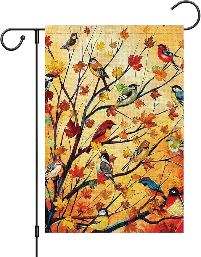 Louise Maelys Welcome Fall Garden Flag 12x18 Double Sided, Small Burlap Autumn Maple Tree Birds Thanksgiving Outside Outdoor House Yard Decor by GreenHaven Gardens