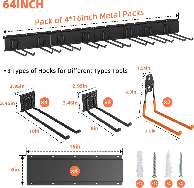 Garage Storage, Ultimate Wall-Mounted Garage Organizer for Men 64Inch, Heavy Duty 550lbs Tool Rack with Adjustable Metal Hooks Yard, Shed & Workshop Storage for Tools, Bikes, Snowboards Gift by GreenHaven Gardens
