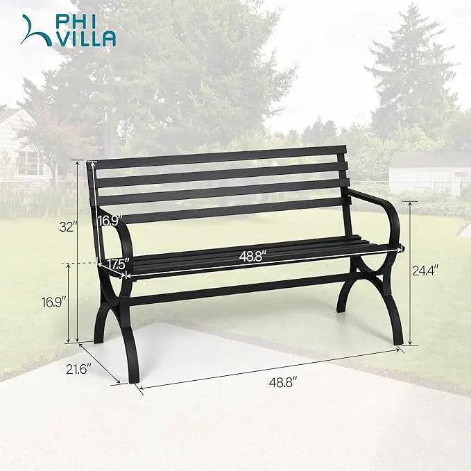 PHI VILLA Outdoor Garden Bench, 48” Long Metal Steel Bench with Backrest and Armrests, Modern Slatted Design for Patio, Lawn, Yard, Porch - Black by GreenHaven Gardens