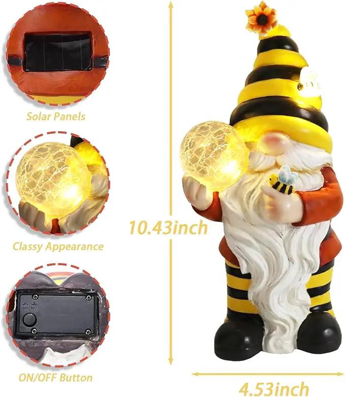 Solar Garden Gnome Statue, Resin Bee Gnome Figurine with Flower and Crackle Glass Globe Lights for Outdoor Decor, Porch Patio Yard Decorations, Garden Gifts for Mom by GreenHaven Gardens