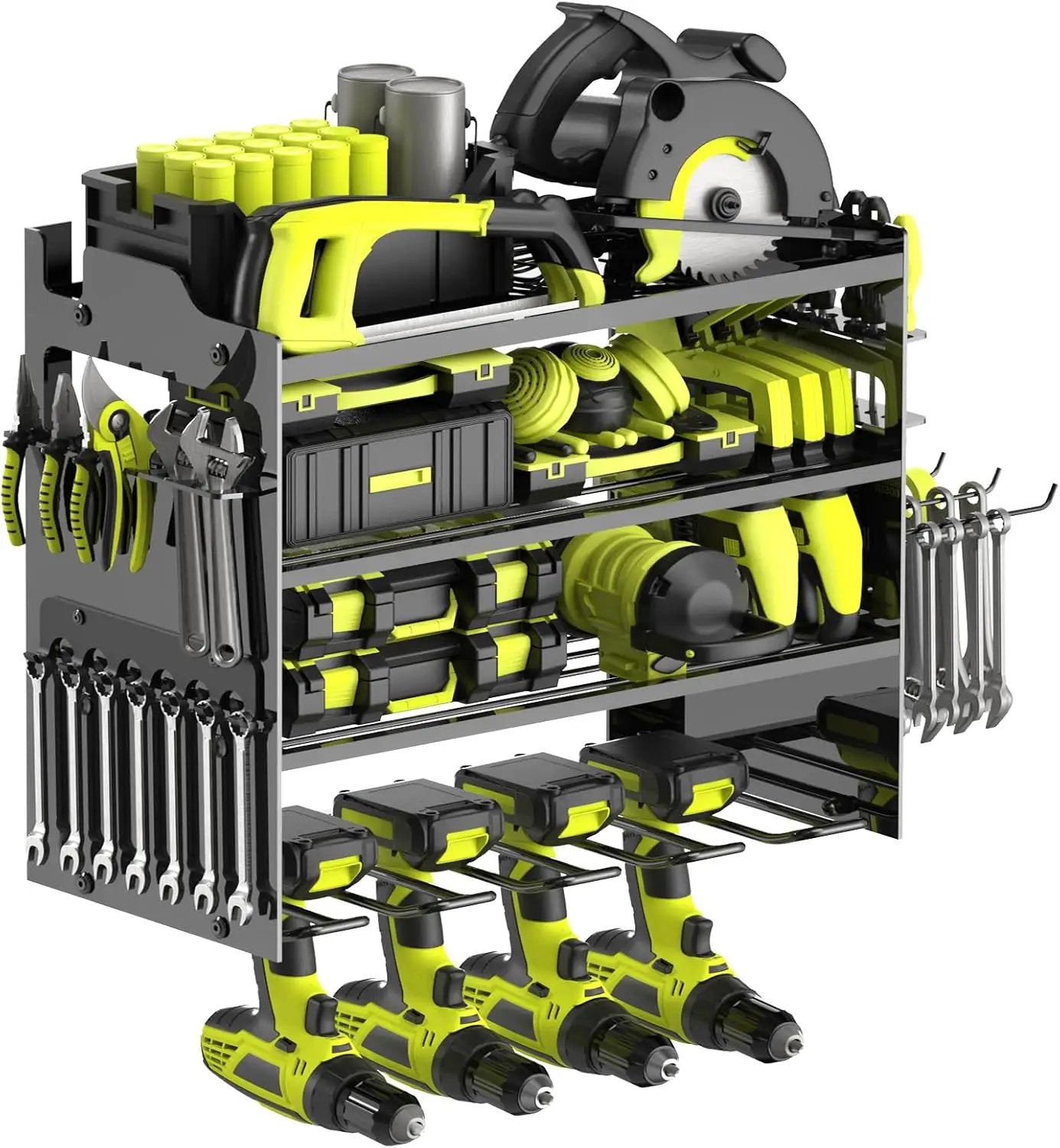 Power Tool Organizer Wall Mount with 4-Drill Holders-400Lbs Load Heavy Duty Metal 4-Layers Garage Storage & Organization Battery Tools Rack with Side Panels Utility Racks Workshop Gifts for Men by GreenHaven Gardens