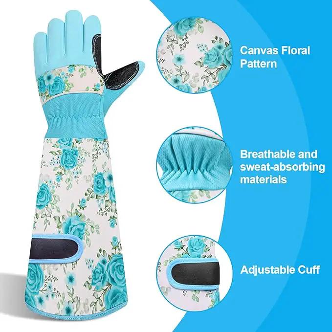 DLY Gardening Gloves for Women, Rose Gloves Gardening Thorn Proof, Long Garden Gloves for Women, Breathable & Durable Leather Gauntlet(Medium, Light Blue) by GreenHaven Gardens