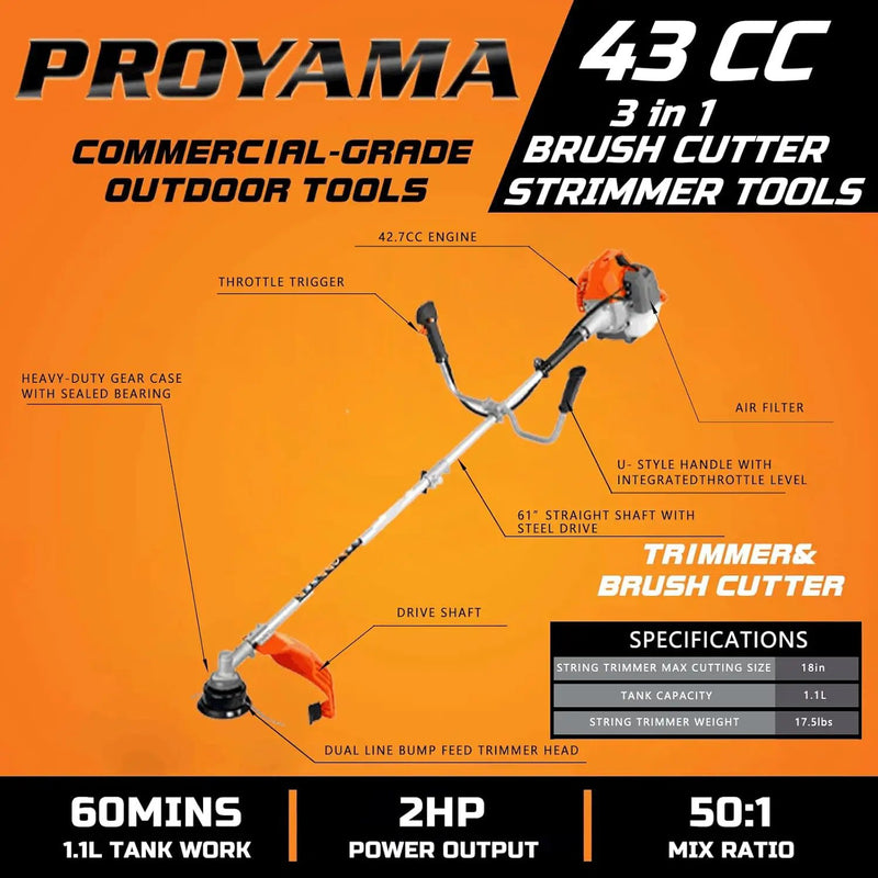 PROYAMA 42.7cc Gas Weed Wacker, 3 in 1 Weed Eater Gas Powered, Brush Cutter and Gas String Trimmer 2-Cycle Extreme Duty, 5 Year Warranty Gearbox, Grass Trimmer 2025 Upgraded… by GreenHaven Gardens