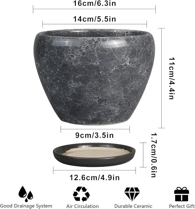 Ceramic Planter - 6 Inch Plant Pot with Drainage Hole and Saucer, Succulent Pot Glaze Round Flower Pot for Indoor Outdoor Plants, Gray by GreenHaven Gardens