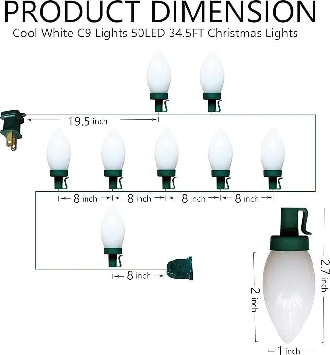 C9 Christmas Lights Outdoor 50 LED Cool White Strawberry 34.5ft Waterproof Xmas String Light for Garden Yard Home Party Holiday Christmas Tree Indoor Decoration(Cool White) by GreenHaven Gardens