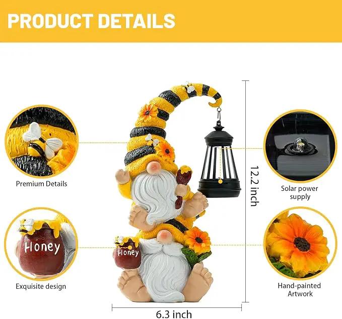 Solar Bee Garden Gnomes with LED Lantern – Waterproof Stacked Outdoor Decor for Yard, Patio – Unique Gnome Gift for Mom, Grandma, Women (Weatherproof Resin Outdoor Statues) by GreenHaven Gardens