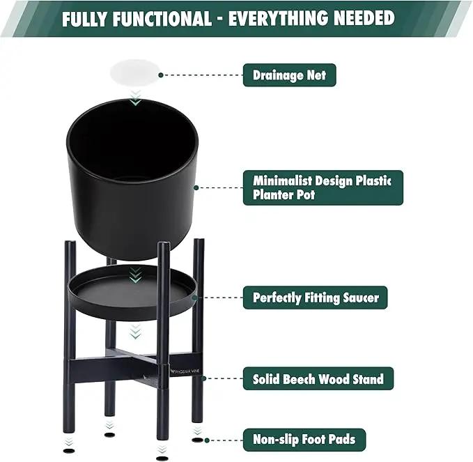 D'vine Dev Planter Pot with Stand - 14 Inch Plastic Cylinder Flower Pot with Wood Planter Holder for Indoor, Matte Black Pot + Ebony Stand, 55-C-T-2 by GreenHaven Gardens