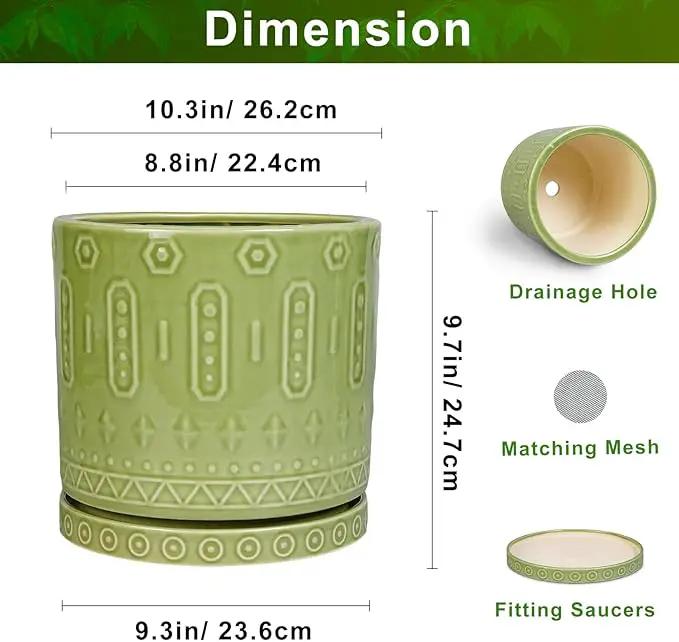 Ceramic Pot for Plants - 10 Inch Indoor Plant Pots with Drainage Holes and Saucer, Boho Round Planter Outdoor, Decorative Large Planter for Flower, Living Room Decor, Garden Gifts, Green by GreenHaven Gardens