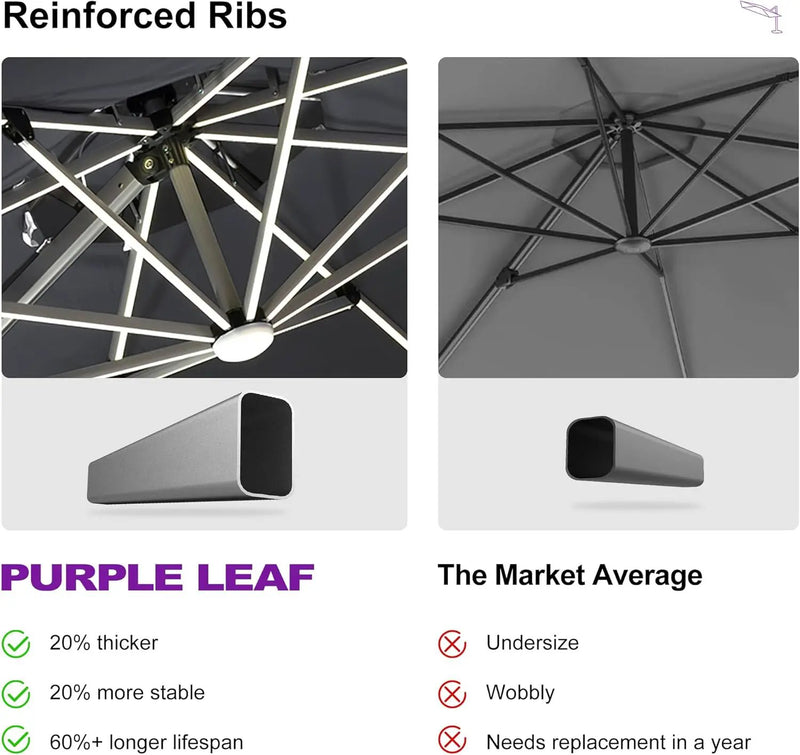 PURPLE LEAF 10ft Solar powered LED Patio Umbrella Outdoor Round Umbrellas Large Cantilever Umbrella with LED lights Windproof Offset Heavy Duty Sun Umbrellas for Garden Deck Pool Patio, Grey by GreenHaven Gardens