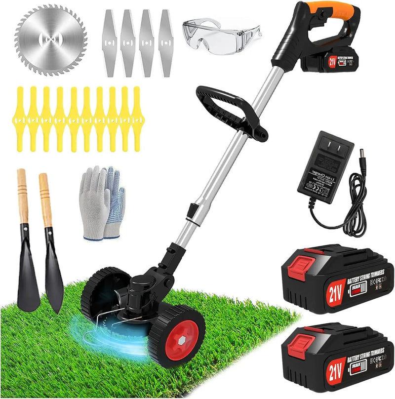 Electric Weed Wacker Eater Cordless, Weed Wacker Battery Powered, Weed Trimmer with 2 21V/2Ah Battery Operated & 15 Blades & Wheels, No-String Grass Trimmer/Brush Cutter/Edger for Garden Yard by GreenHaven Gardens