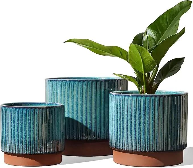 LE TAUCI Ceramic Plant Pots with Drainage Holes, Set of 3, 8+6.7+5.5 Inch Stripe Garden Planter Pots for Outdoor Indoor Plants Flower, Round Succulent Orchid Flower Pot, Reactive Glaze Green by GreenHaven Gardens