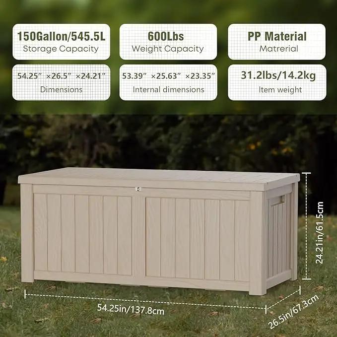 150 Gallon Outdoor Storage Box Waterproof Lockable Resin Deck Box Large, Patio Storage Bin for Pool Accessories Cushion Furniture, Garden Tools, UV-Resistant Outside Delivery Grey by GreenHaven Gardens