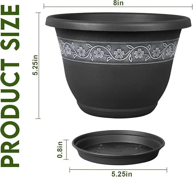 8 Inch Plant Pots with Drainage Hole - Lightweight Flower Pots for Herbs and Flowers - Home Decor Plastic Planters for Indoor Outdoor Plants- Pack of 6 (Black, 8 inch) by GreenHaven Gardens