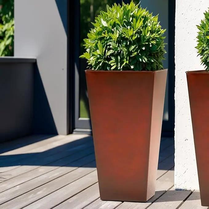 WORTH Garden 25" Large Metal Glazed Planter Set of 2, Luxurious Glossy Finish Red Tall Square Tapered Steel Plant Pots, Decor Flower Pot Indoor & Outdoor, Drainage Hole & Dual-Purpose Plant Saucer by GreenHaven Gardens