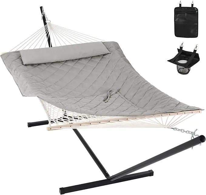 ANOW Double Rope Hammock with Stand 12FT, Heavy Duty Hammock with Polyester Pillow and Pad, 450 LBS Weight Capacity, Light Grey by GreenHaven Gardens