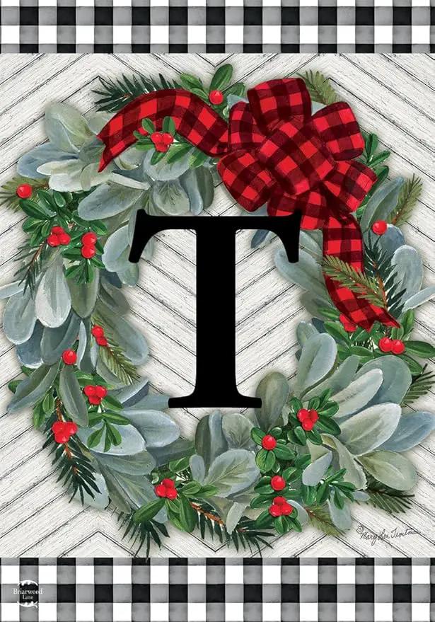 Briarwood Lane Winter Wreath Monogram Letter T Garden Flag by GreenHaven Gardens