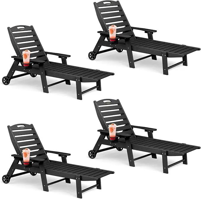 Lounge Chair Outdoor Set of 4 with Wheels, Adjustable 6-Position Chaise Lounge Outdoor, Patio Lounge Chair for Poolside Backyard, Black by GreenHaven Gardens