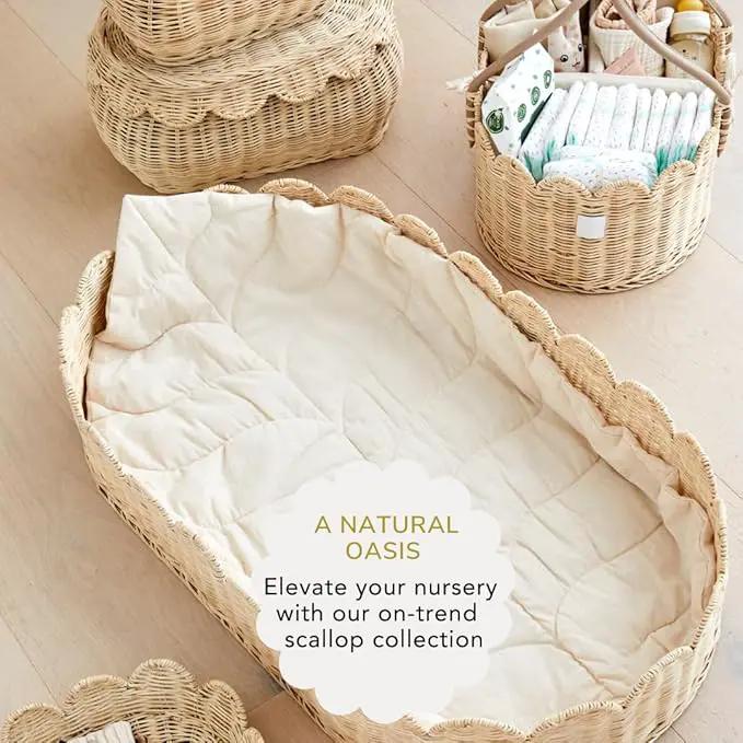 BEBE BASK The Original Scalloped Basket Set Of 2 – Small Scallop Basket - 15 x 10 x 6 In - Hand-Woven & Award-Winning - Elegant Wicker With Scalloped Edge Lid - Nursery Storage - (Natural) by GreenHaven Gardens