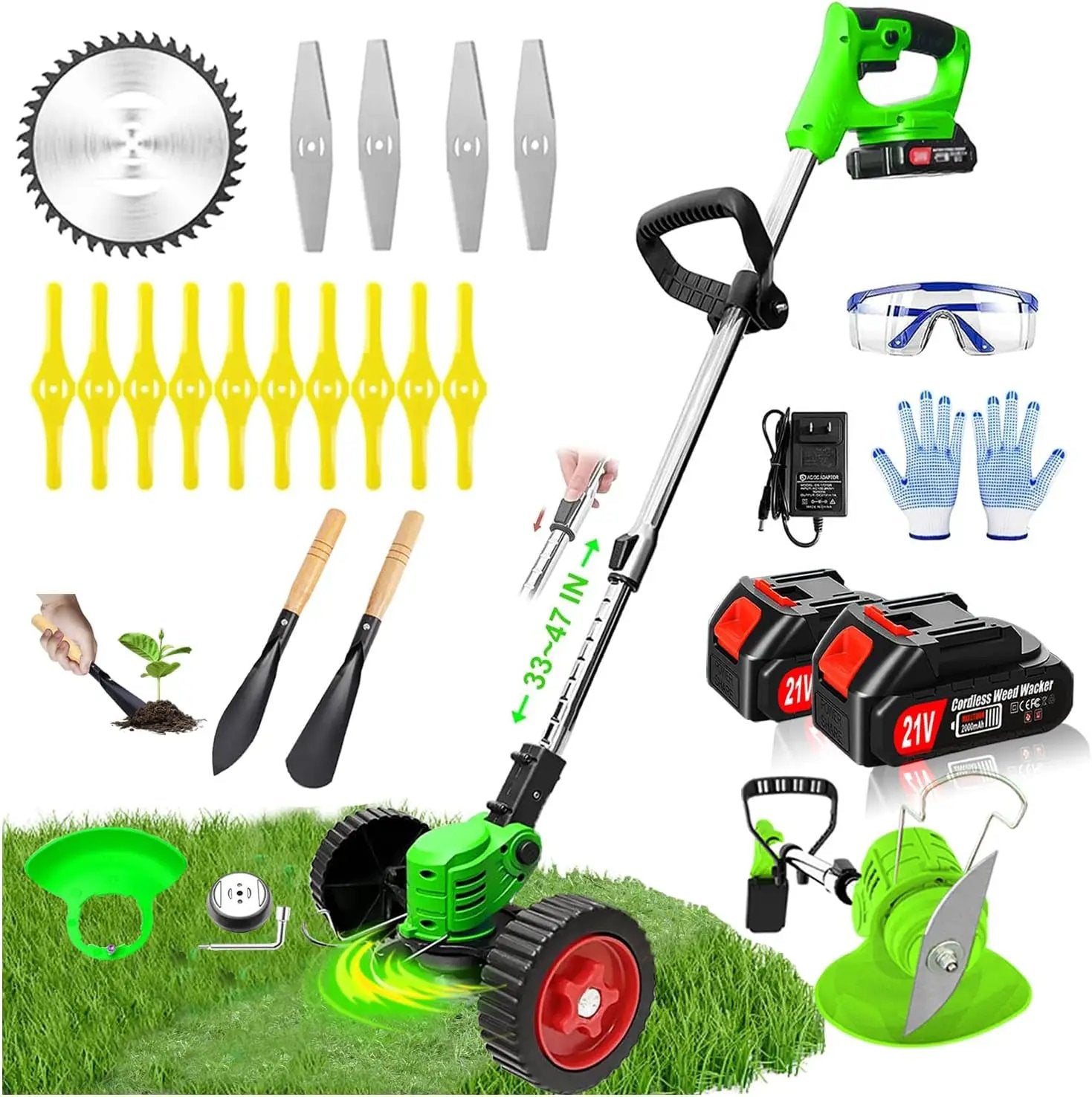 Electric Weed Wacker Eater Cordless Battery Powered, Weed Trimmer 21V Lightweight No-String with 2 Battery Operated & Wheels, 3 in 1 Stringless Grass Trimmer/Edger/Brush Cutter for Garden Yard Lawn by GreenHaven Gardens