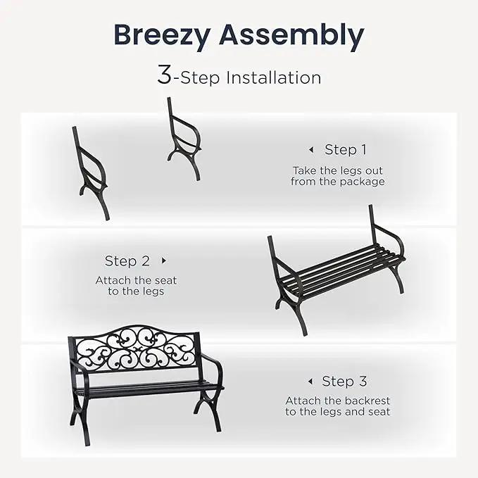 PHI VILLA 50-Inch Cast Iron Steel Frame Garden Bench Outdoor Patio Bench Chair w/Floral Design Backrest, Slatted Seat for Park, Yard & Porch, Black by GreenHaven Gardens