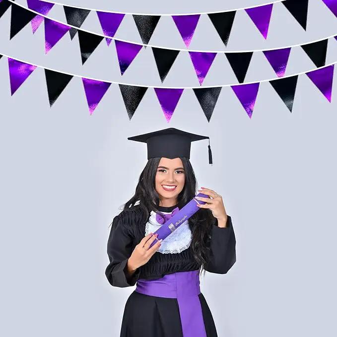 Purple and Black Party Decorations Metallic Fabric Triangle Pennant Banner Flag Bunting Garland for Graduations Birthday Retirement Wedding Baby Shower Bachelorette Halloween Outdoor Party Supplies by GreenHaven Gardens