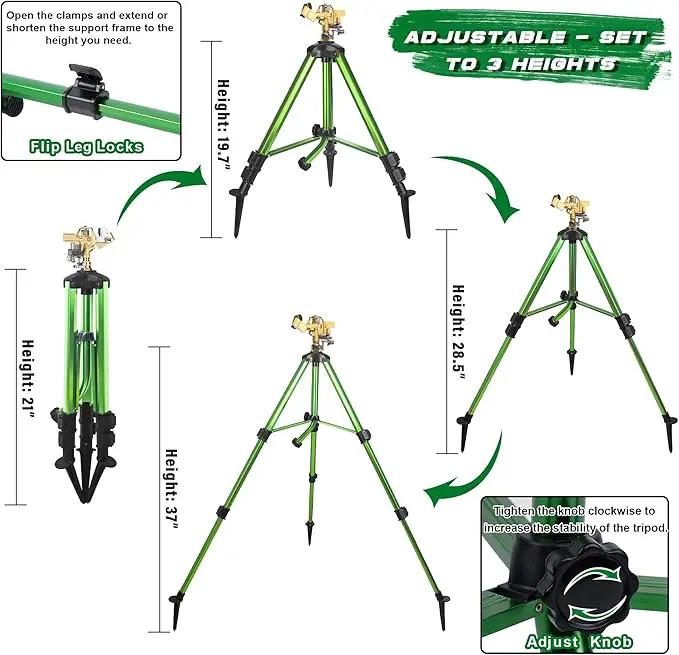 Triumpeek 2 Pack Impact Sprinkler on Tripod Base with Stakes, 360 Degree Large Area Coverage Irrigator with Extension Legs, Adjustable Brass Sprinkler Head Nozzle and 3/4" NH Inlet Hose Connection by GreenHaven Gardens