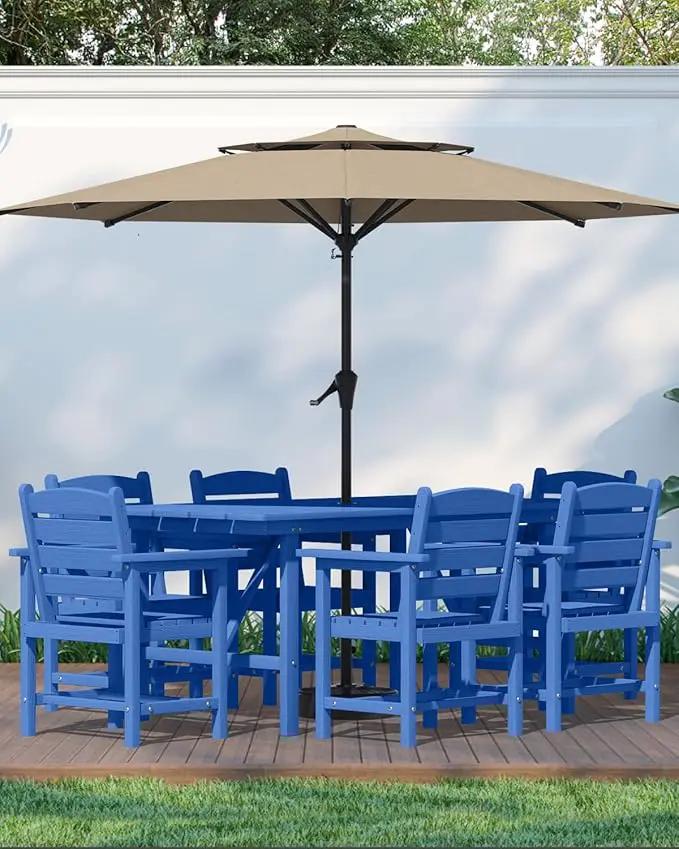 Patio Dining Set for 6 with Umbrella Hole - 66" Outdoor Table & 6 Chairs, All-Weather HDPE Outdoor Furniture for Lawn, Garden, Backyard, Poolside, Navy by GreenHaven Gardens