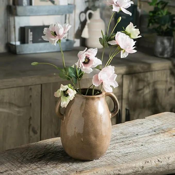 Brown Ceramic Vase with 2 Handles, Modern Farmhouse Decor, Rustic Terracotta Pottery, Decorative Flower Vases, Clay Small Vase, Centerpiece for Dining Table - 7 Inch Tall by GreenHaven Gardens