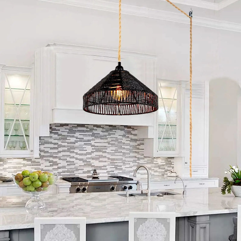 Plug in Pendant Light Rattan Hanging Lamp with On/Off Switch 15 Ft Hemp Rope Modern Woven Pendant Light Fixtures 12" Handwoven Rattan Basket Shade Boho by GreenHaven Gardens