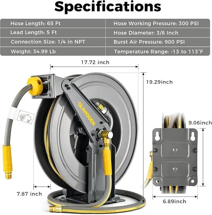 Double Arm Retractable Air Hose Reel, 3/8 in × 65 ft Hybrid Hose Heavy Duty Steel Professional Air Compressor Hose Reel with 5 ft Lead in Max 300PSI Auto Rewind Quick Coupler Swivel Fitting by GreenHaven Gardens