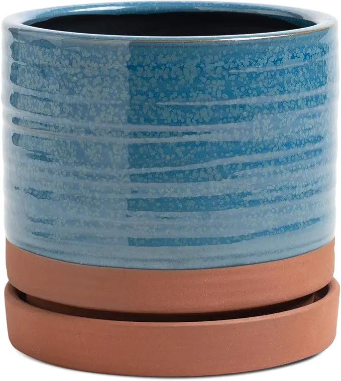 6 Inch Plant Pots, Ceramic Planter Pot with Drainage Hole & Saucer, Indoor/Outdoor Cylinder Round Planter Pot, Aqua Blue & Terracotta Red by GreenHaven Gardens