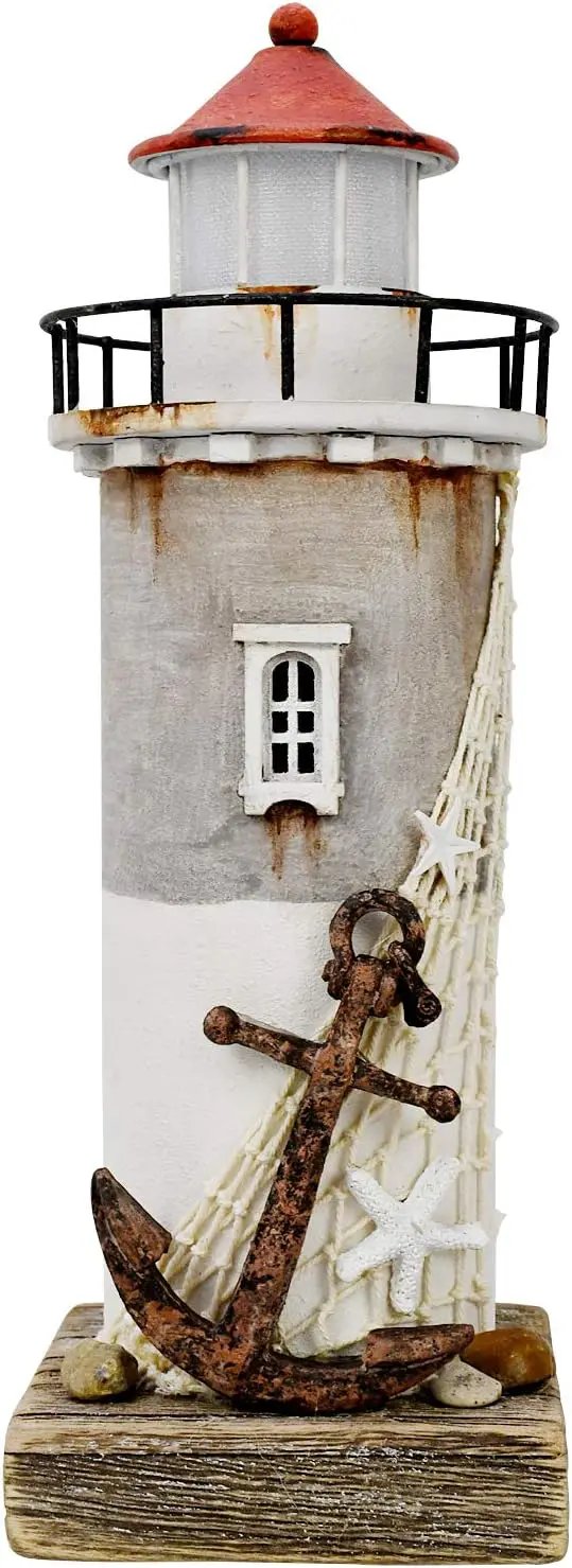 Wooden Lighthouse With Light - Rustic Nautical Ocean Sea Beach Themed Decoration, Handcrafted Tabletop Home and Bathroom Decor (11.4"H) by GreenHaven Gardens