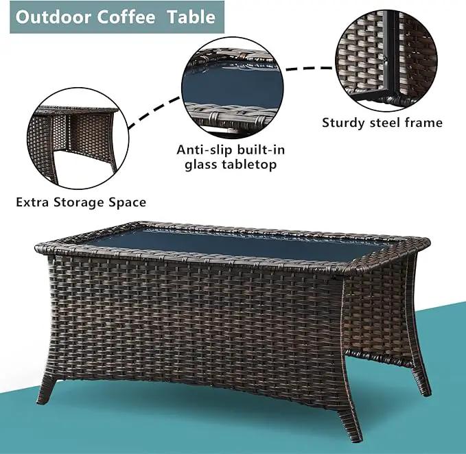 Patio Tables Wicker Coffee Table - Outdoor Rattan Coffee Tables with Glass Top for Patio Proch Deck Balcony Rectangle Brown by GreenHaven Gardens