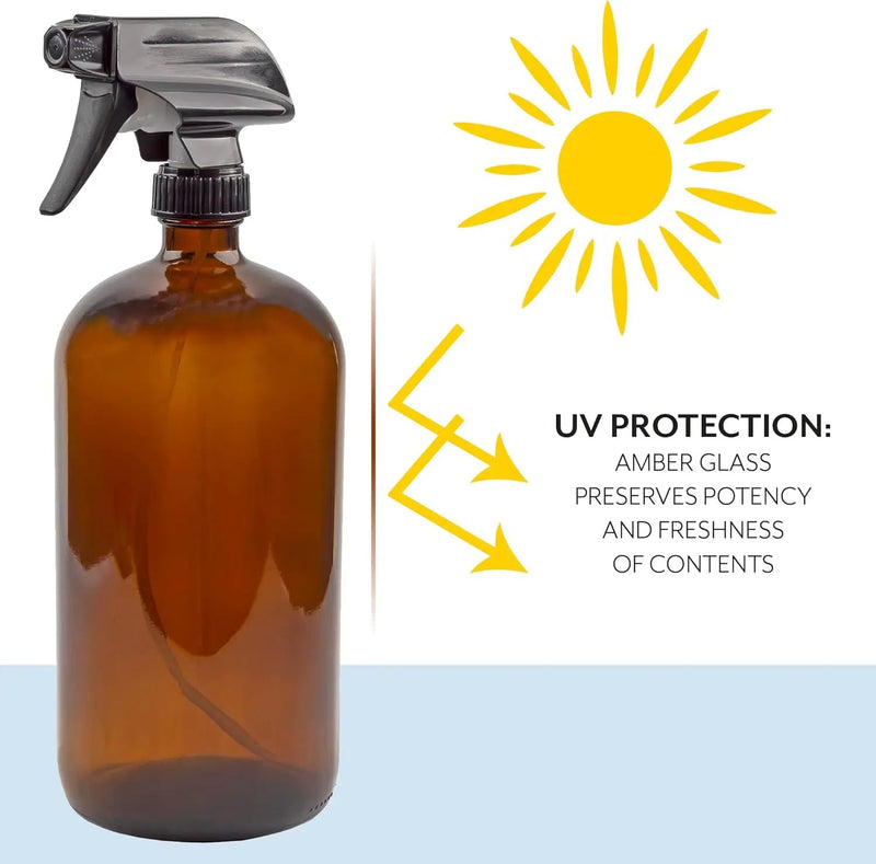 Cornucopia 32oz Amber Glass Spray Bottles (2-Pack); Brown Bottles w/ 3-Setting Trigger Sprayers; Includes Caps for Storage by GreenHaven Gardens