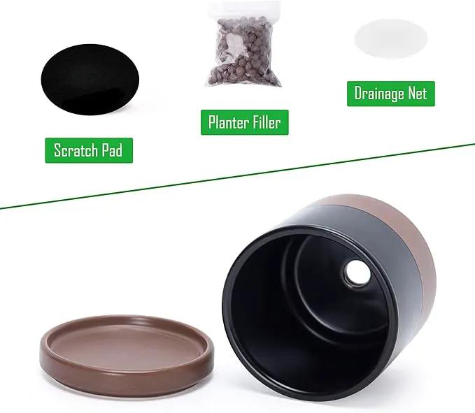 D'vine Dev 3.5 Inch Ceramic Planter Pot with Drainage Hole and Saucer, Indoor Cylinder Round Planter Pot, Black/Speckled Tan, 94-O-A-7 by GreenHaven Gardens