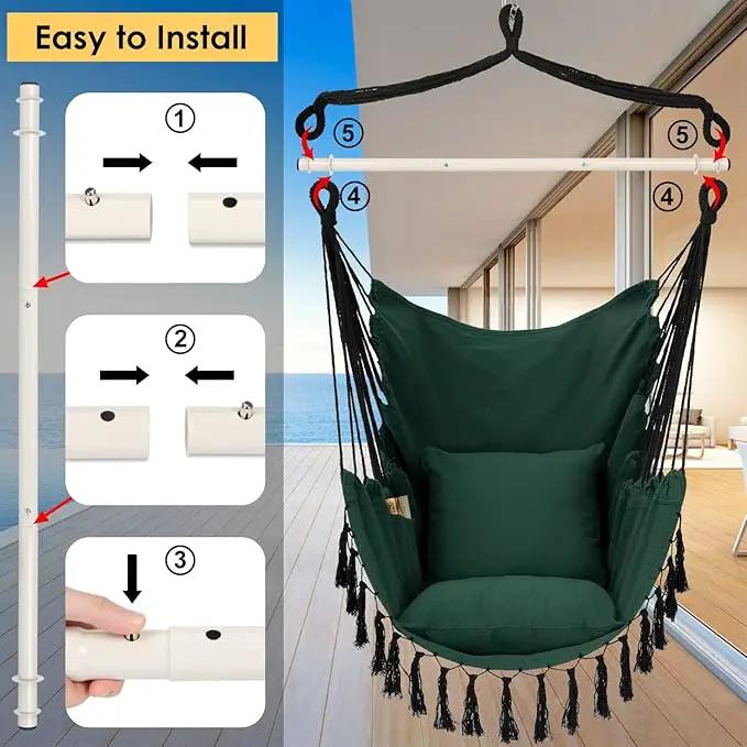 Y- STOP Hammock Chair Hanging Rope Swing, Max 500 Lbs, 2 Cushions Included, Large Macrame Hanging Chair with Pocket for Superior Comfort, with Hardware Kit, Green by GreenHaven Gardens