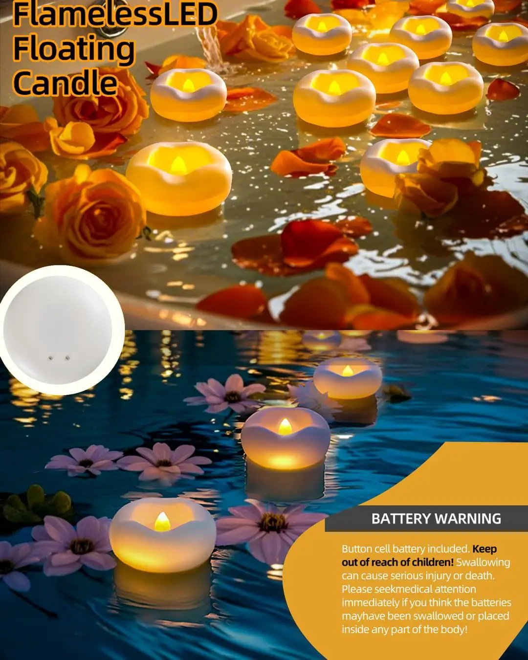 24 x 2”Floating Candle, 200 Hour Water Activated Warm White Battery Powered Flameless LED Floating Candle Floating for centerpieces/Bathtub/Pool/Fountain by GreenHaven Gardens