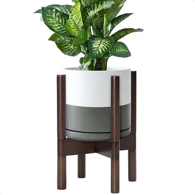 D'vine Dev Ceramic Planter with Walnut Color Stand - 8 Inch Modern Round Flower Pot with Wood Planter Holder, White/Grey, 55-B-Y-6 by GreenHaven Gardens