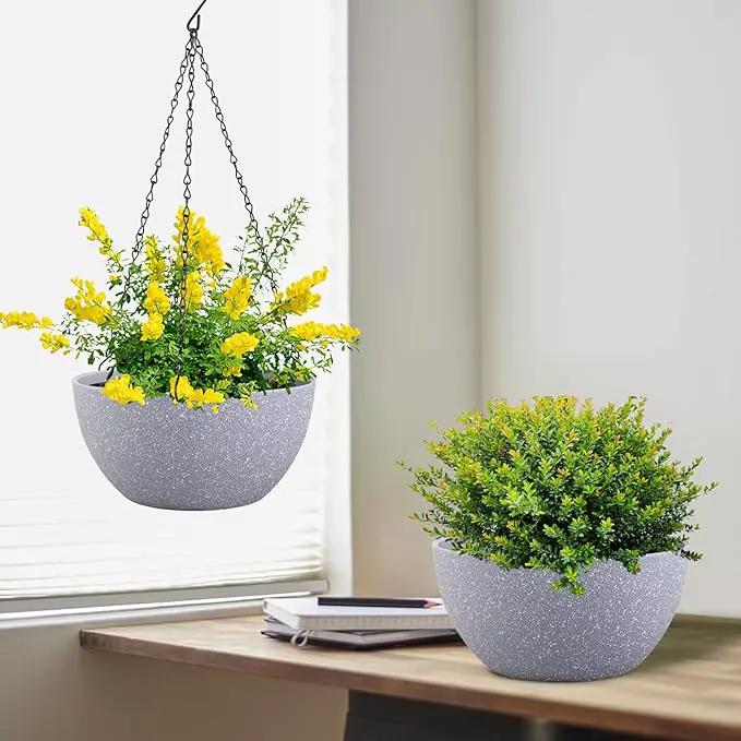 8 inch Small Hanging Planters for Indoor Outdoor Plants, 2 Pack Hanging Flower Pots with Drainage Holes and Chain for Garden Porch, Plastic Hanging Baskets for House Plants, Speckled Grey by GreenHaven Gardens