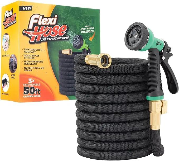 Flexi Hose with 8 Function Nozzle, 50FT - Lightweight Expandable Garden Hose, No-Kink Flexibility, 3/4 Inch Solid Brass Fittings and Double Latex Core by GreenHaven Gardens
