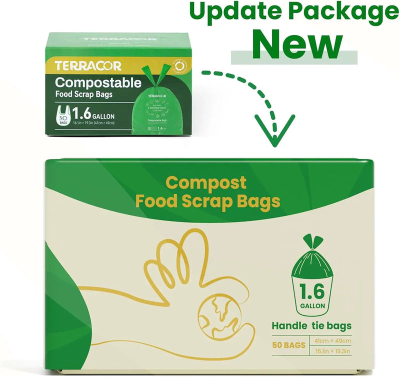 1.6 Gallon Compostable Food Scrap Bags Handle Tie for Kitchen Countertop Bin, 6 Liter Small Compost Bags, 50 Count, BPI Certified and Meet The ASTM D6400 Standard by GreenHaven Gardens