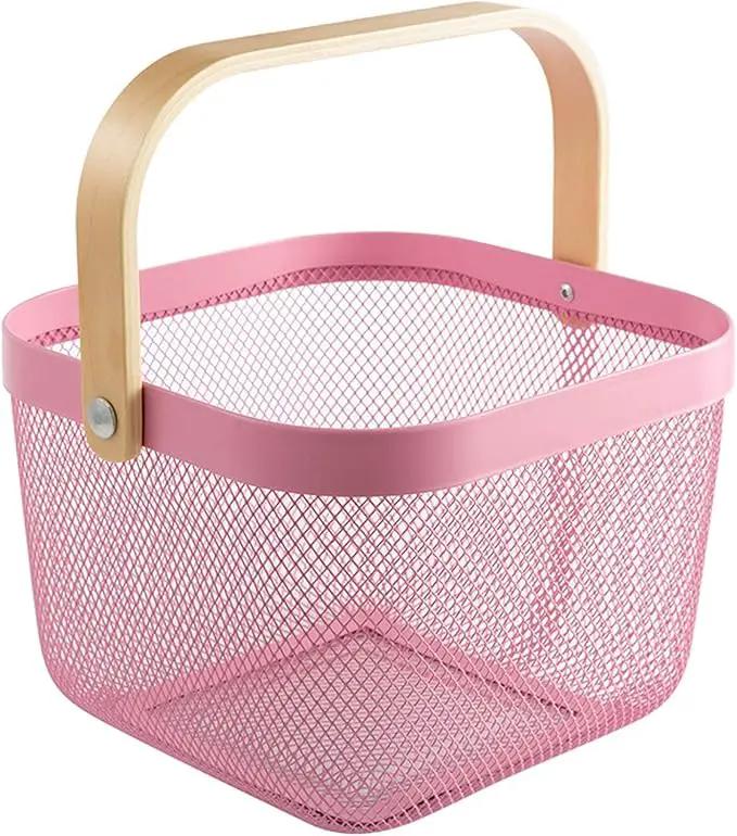 Metal Mesh Steel Basket, Storage Organizer Basket Multi-functional Hanging Kitchen Baskets Fruit Basket Bin with Bamboo Handle for Kitchen Bathroom Picnic Shopping Decor Cabinet Home, Pink by GreenHaven Gardens