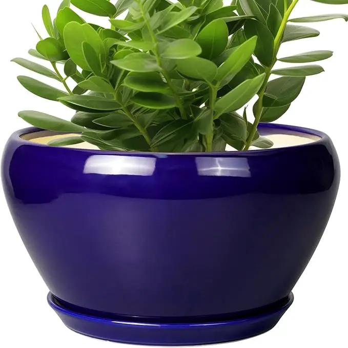 Ceramic Planter Pot 11 Inch - Indoor Planter Pot for Plants with Drainage Hole and Saucer Large Planter Round Outdoor Flower Pot Mid-Century for House Patio Decor Blue by GreenHaven Gardens