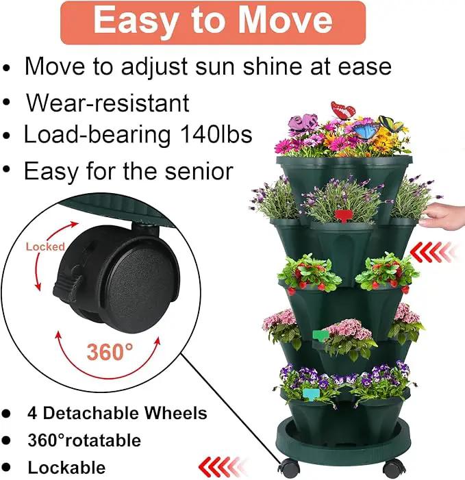 Vertical Planter, 5 Tier Stackable Strawberry Planter with Garden Tool Set, Movable Indoor/Outdoor Garden Herb Pot for Growing Vegetables and Succulents, Green by GreenHaven Gardens
