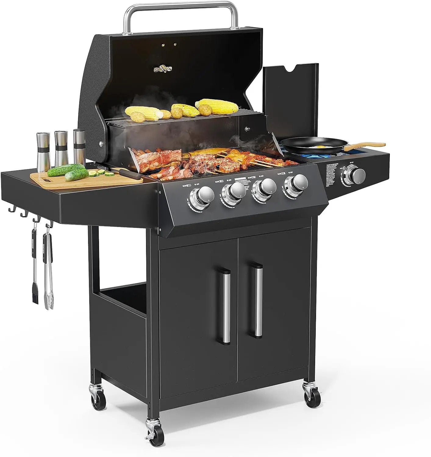 ROVSUN 4 Burner Propane Gas Grill with Side Burner, 58,000BTU BBQ Grills with Enameled Cast Iron Grates, Shelf & Cabinet for Outdoor Garden Patio Backyard Barbecue Cooking by GreenHaven Gardens