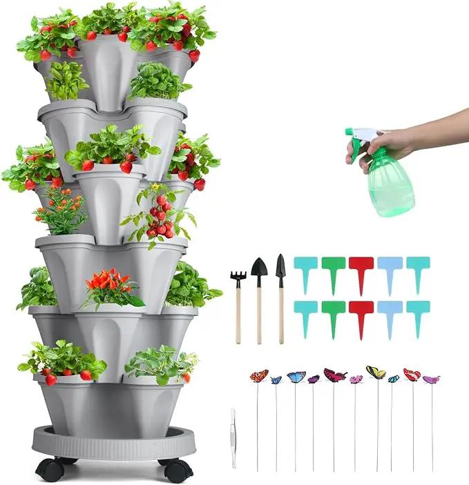 Vertical Planter, 6 Tier Stackable Strawberry Planter with Garden Tool Set, Movable Indoor/Outdoor Garden Herb Pot for Growing Vegetables and Succulents, Gray by GreenHaven Gardens