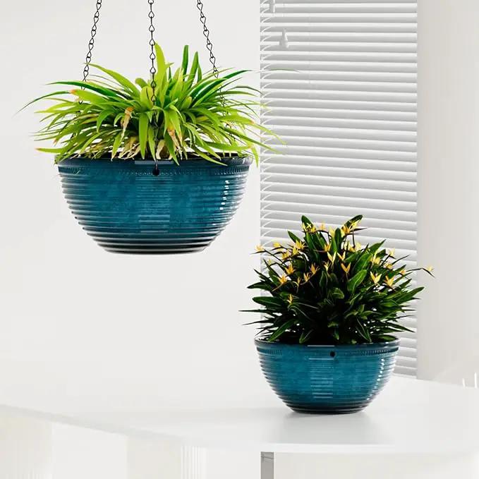 2 Pack Hanging Planters for Indoor Outdoor Plants, 10 Inch Hanging Planter with Drainage Hole & Plug Glazed Hanging Baskets Flower Pots for Garden Home (Blue) by GreenHaven Gardens