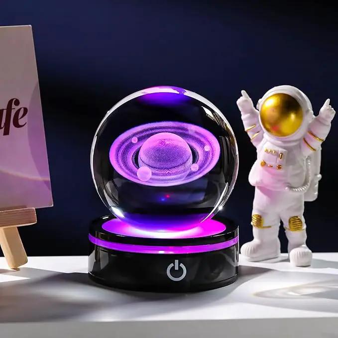 YWHL 3D Crystal Ball with LED Light Base, 3D Laser Engraved Glass Sphere Galaxy Crystal Ball for Home Decorations, Planet Saturn Lamp Gifts for Mother's Day Birthday Christmas (80mm) by GreenHaven Gardens