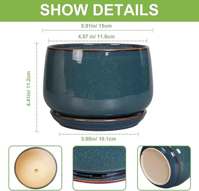 G EPGardening Ceramic Planter 6 Inch - Round Modern Ceramic Pot for Plants with Drainage and Plant Tray Indoor for Flower, Apartment Decor, Housewarming Gifts New Home, Retro Blue by GreenHaven Gardens