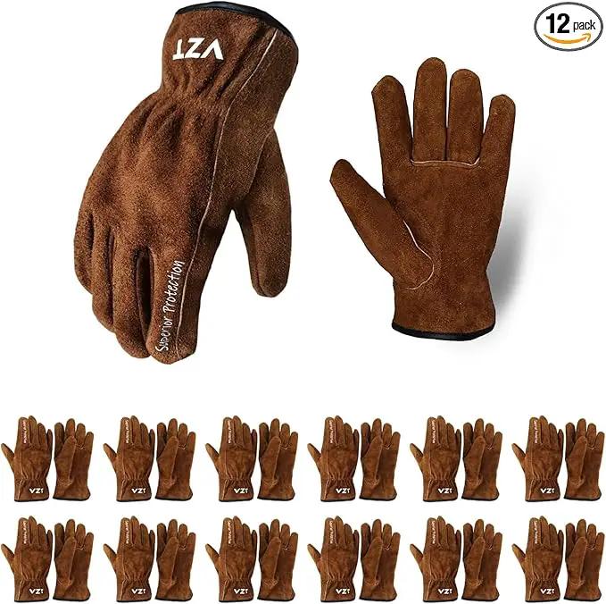 12 Pairs Bulk Leather Work Gloves for Men or Women for Gardening, Construction, Truck, Driving, Farm, Ranch, Woodworker, Soft, Cowhide Thickened, Water Resistant, Brown, 2X-Large by GreenHaven Gardens